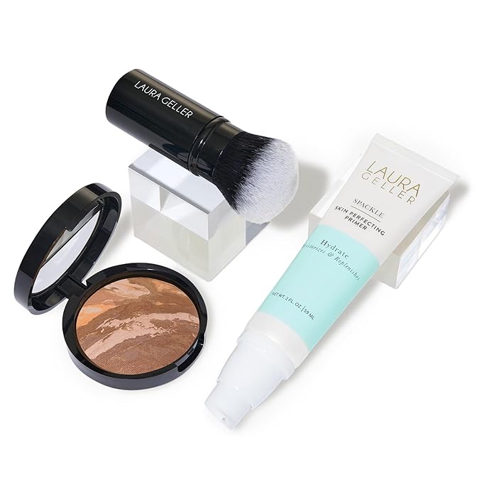 LAURA GELLER NEW YORK Laura's Must-Haves Kit 3pc: Baked Balance-n-Brighten Powder Foundation, Tan + Spackle Skin Perfecting Makeup Primer, Hydrate + Airbrush Round Kabuki Brush