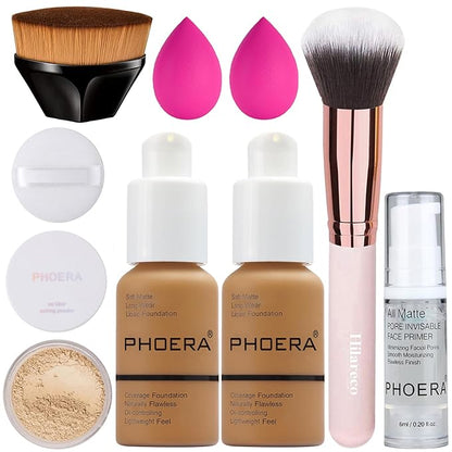 PHOERA Foundation, Full Coverage Foundation, PHOERA Primer, PHOERA Powder, PHOERA Makeup Set, Kabuki Makeup Brushes Foundation Brush Powder Brush,2 Pcs Makeup Sponge (111# Chestnut)