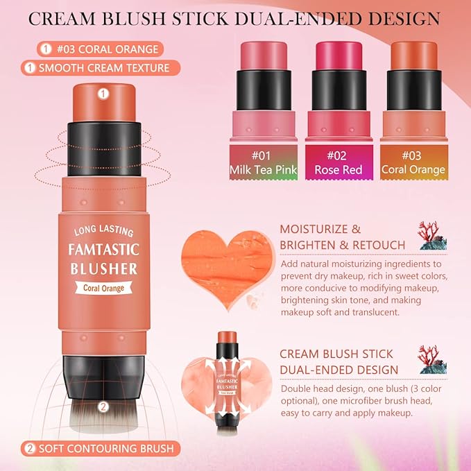 Cream Blush Stick for Cheeks - 2 in 1 Multi Makeup Blush with Brush for Cheeks Tint & Eyes & Lips, Waterproof Smooth Creme Texture, Long-lasting Wear All Day, #03 Coral Orange