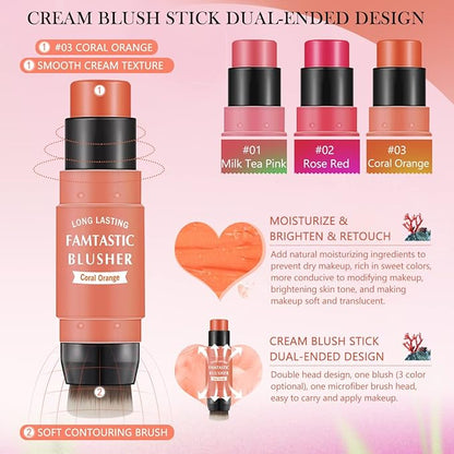 Cream Blush Stick for Cheeks - 2 in 1 Multi Makeup Blush with Brush for Cheeks Tint & Eyes & Lips, Waterproof Smooth Creme Texture, Long-lasting Wear All Day, #03 Coral Orange