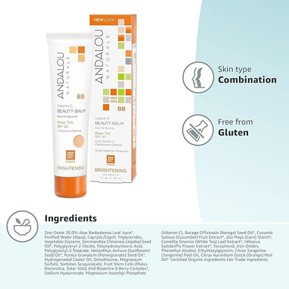 Andalou Naturals Vitamin C BB Beauty Balm Sheer Tint SPF 30, 2-in-1 BB Cream & Face Sunscreen with Broad Spectrum Protection, Mineral Sunscreen with Non-Nano Zinc Oxide, 2 Fl Oz