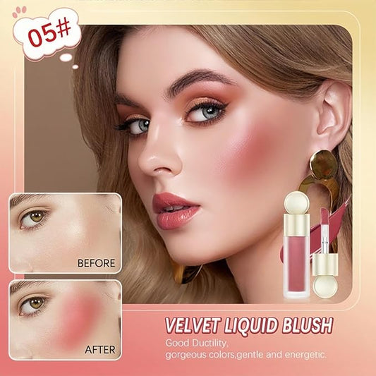 5 Color Velvet Liquid Blush, Soft Cream Face Blush for Cheek, Eye, Lips, Soft Cream, Weightless, Breathable, Natural-Looking liquid Blush Stick (05)