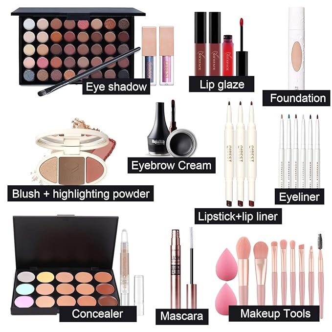 Pure Vie All-in-One Holiday Gift Surprise Makeup Set Essential Starter Bundle Include Eyeshadow Palette Lipstick Concealer Blush Mascara Eyeliner Face Powder Lipgloss Brush - Full Makeup Kit for Women