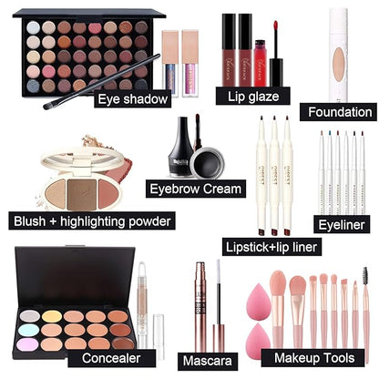 Pure Vie All-in-One Holiday Gift Surprise Makeup Set Essential Starter Bundle Include Eyeshadow Palette Lipstick Concealer Blush Mascara Eyeliner Face Powder Lipgloss Brush - Full Makeup Kit for Women