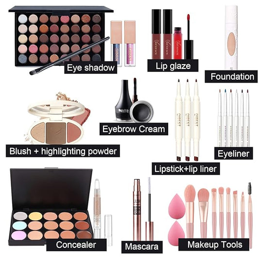Pure Vie All-in-One Holiday Gift Surprise Makeup Set Essential Starter Bundle Include Eyeshadow Palette Lipstick Concealer Blush Mascara Eyeliner Face Powder Lipgloss Brush - Full Makeup Kit for Women