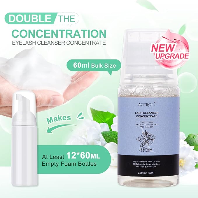 Eyelash Cleanser Concentrate 60ml Jasmine Professional Lash Shampoo Foaming Cleanser DIY Non-lrritating Wash for Extensions Lashes with Salon Home Care-Makes 12 Bottles