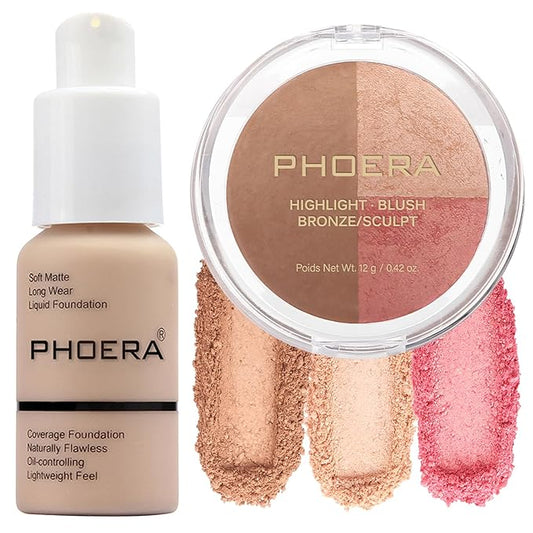 PHOERA Foundation, PHOERA Contour Palette,Shades with Highlighter & Bronzer & Blush,PHOERA Makeup Lightweight Long Lasting Wrinkles Matte Natural Finish (102+ #002 Contour/Nude+#002)