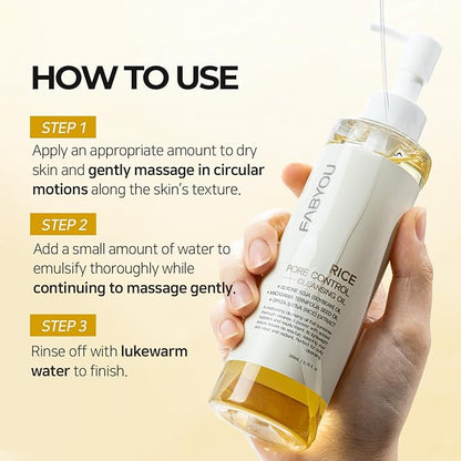 FABYOU Rice Pore Control Cleansing Oil 6.76 fl oz – Korean Skin Care for Deep Pore Cleansing, Moisturizing & Nourishing, Hypoallergenic, Plant-Based Oils, for Clear and Smooth Skin