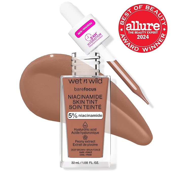 wet n wild Bare Focus Skin Tint, 5% Niacinamide Enriched, Buildable Sheer Lightweight Coverage, Natural Radiant Finish, Hyaluronic & Vitamin Hydration Boost, Cruelty-Free & Vegan - Deep Brown