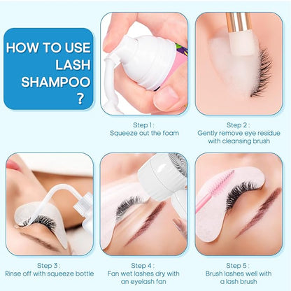 Buqikma Lash Shampoo Kit - Eyelash Extension Cleanser for Extensions 60ML with Rechargeable Handheld Lash Fan Dryer Mascara Brush Rinse Bottle Makeup Cleansing Foam for Lash Care