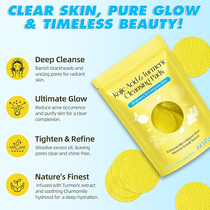 Turmeric Cleansing Pads Kojic Acid Turmeric Cleansing Pads, Face Turmeric & Kojic Acid Pads for Dark Spots, Glow Up Acne Scars, Unclog Pores, Enriched Vitamin C,Gentle & Non-Irritating