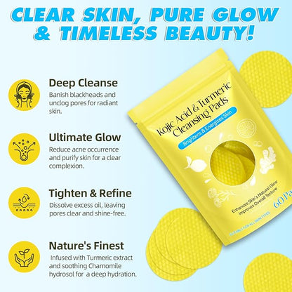 Turmeric Cleansing Pads Kojic Acid Turmeric Cleansing Pads, Face Turmeric & Kojic Acid Pads for Dark Spots, Glow Up Acne Scars, Unclog Pores, Enriched Vitamin C,Gentle & Non-Irritating