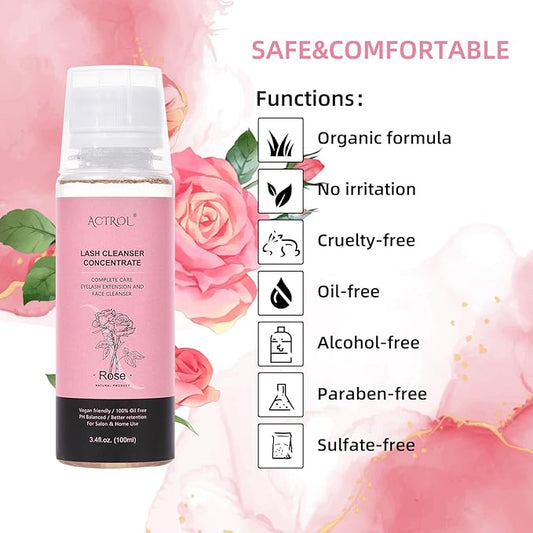 Eyelash Shampoo Concentrate 100ml Lash Extensions Cleanser Concentrate Rose Natural Foaming Shampoo Wash for Extensions Lashes with Salon Home Care-Makes 60ml Bottles