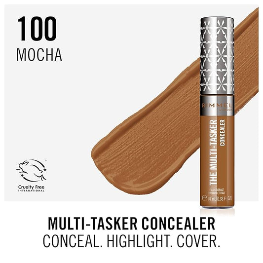 Rimmel London, Multi-Tasker Concealer, 100 Mocha, Crease-Proof, Transfer-Proof, Waterproof, Up To 24-Hour Wear, Vegan Formula, 0.33oz