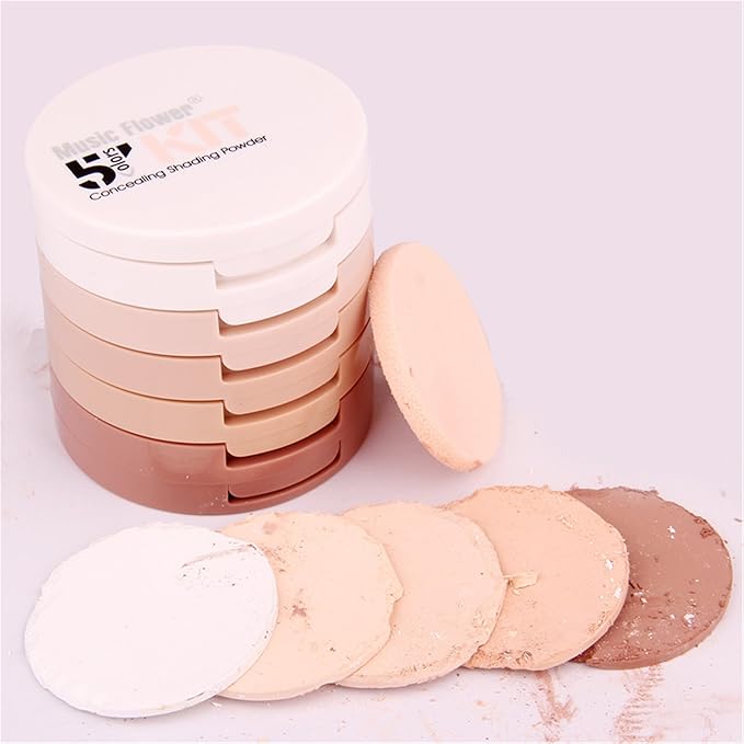 5 Colors Long-Lasting Lightweight Multi-layer Matte Loose Setting Powder Pressed Face Makeup Concealing Shading Powder Foundation for All Skin Tones, Minimizes Fine Lines & Imperfections