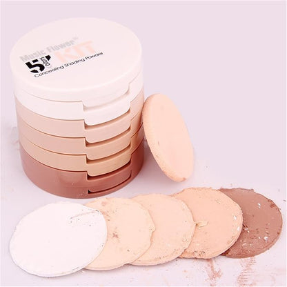 5 Colors Long-Lasting Lightweight Multi-layer Matte Loose Setting Powder Pressed Face Makeup Concealing Shading Powder Foundation for All Skin Tones, Minimizes Fine Lines & Imperfections