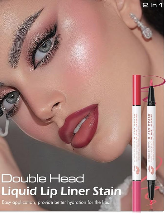 Double-headed Lip Liner Stain Long Lasting Waterproof 2 Colors Liquid Lip Liner Pencil Marker High Pigmented Smooth Application Precise Pen-Like & Chisel Tip Hydrating Lipstick for Women, 02