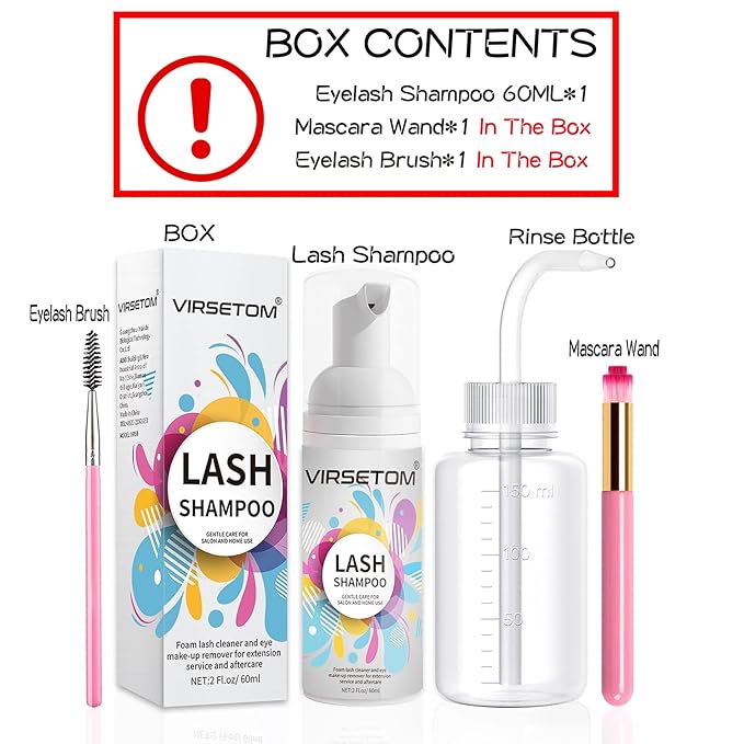 Lash Shampoo for Lash Extensions, Eyelash Extension Cleanser 60ml + Rinse Bottle + Brushes, Lash Bath, Lash Shampoo Kit, Lash Cleaner, Paraben & Sulfate Free, Salon and Home Use