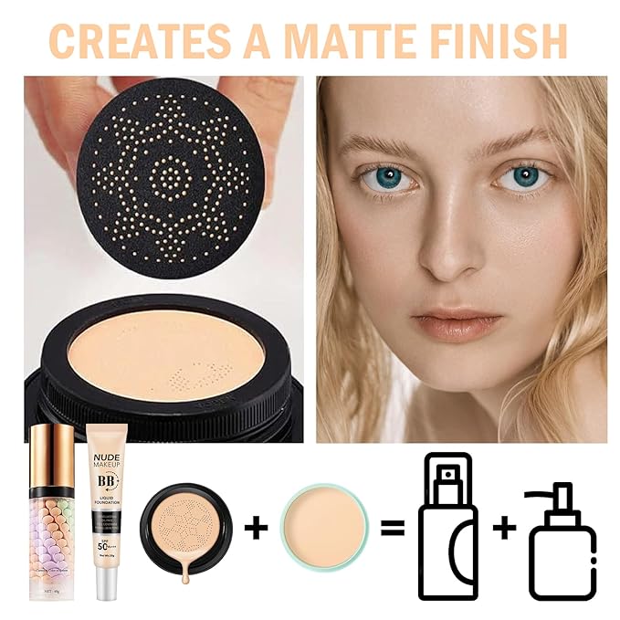 7PCS Mushroom Head Air Cushion CC Cream Foundation,Natural BB Cream Foundation,Moisturizing One Step Color Corrector,Loose Setting Powder Set with Makeup Sponges B