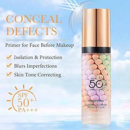 3 In 1 Primer for Face Before Makeup, One Step Color Correcting Primer, SPF 50, Hydrating, Oil Control Facial Serum & Color Correcting Moisturizer, SPF Cream, Even Skin Tone, Natural & Sheer Finish