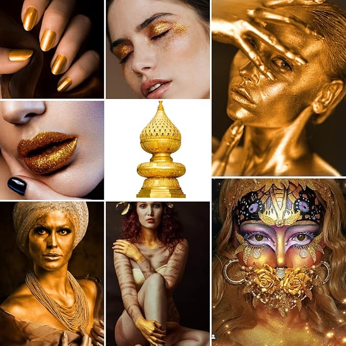 Gold Face Body Paint Metallic Powder Kit, Highly Pigmented Golden Metal Powder Face Painting with Mixing Liquid (1.06oz) and 2 Brushes, Halloween Makeup Kit for Special FX, Stage, Cosplay, Craft, Cos
