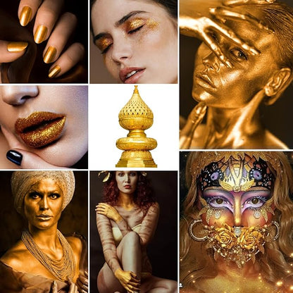Gold Face Body Paint Metallic Powder Kit, Highly Pigmented Golden Metal Powder Face Painting with Mixing Liquid (1.06oz) and 2 Brushes, Halloween Makeup Kit for Special FX, Stage, Cosplay, Craft, Cos