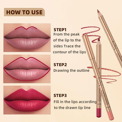 12PCS Long Lasting Lipliner Set High Pigmented, Smudge Proof Lip Makeup Pencil for Daily Use, Silky Smooth Application with 3mm Fine Tip
