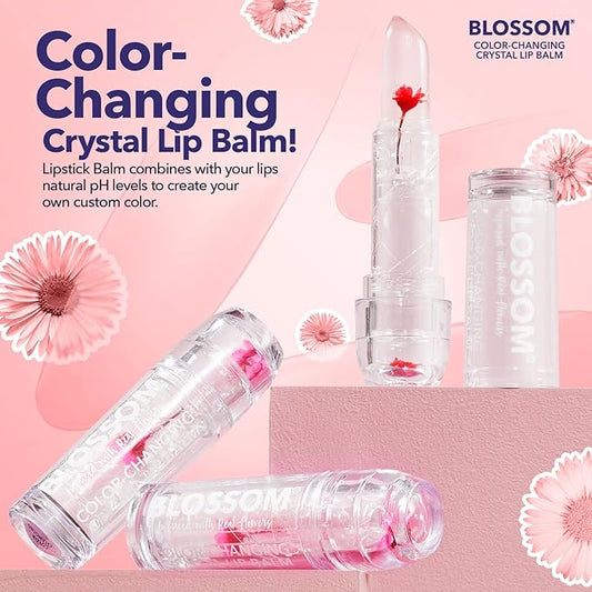Blossom Moisturizing Scented pH Color Changing Crystal Lip Balm, Strawberry Scented Lip Stain Tint, Infused with Real Flowers, 3 pk, Turquoise/Pink/Purple