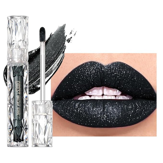 Black Glitter Lip Gloss, Diamond Shimmer Lipstick, Metallic Matte Lipstick High Pigment Waterproof Long Lasting Lipsticks, Sparkling Glossy Liquid Lipstick Lip Gloss for Women (#10 Black)