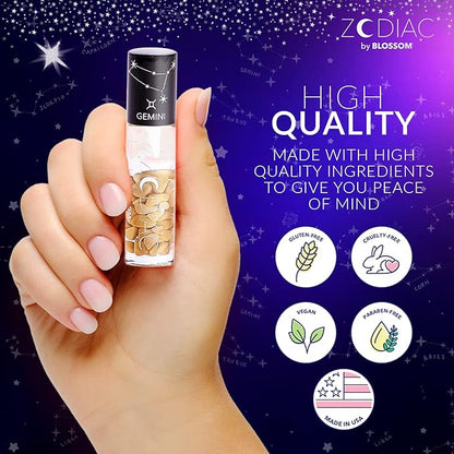 Blossom Lip Gloss Zodiac Sign Vanilla Scented Roll-On Lip Gloss, Moisturizing + Hydrating with Zodiac Crystals, Made in USA, 0.20oz, Gemini