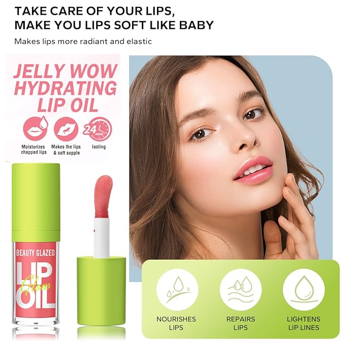 Beauty Glazed Big Brush Head Lip Oil, Ultra-Hydrating & Nourishing, Smooth Glossy Finish Lip Glow Oil, Shiny and Vegan Tinted Lip Gloss, Non-Sticky Formula (2, 107# HUGGING & 108# REBORN)