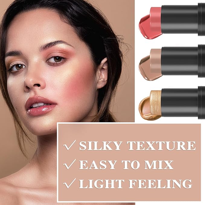 3P Cream Blush Stick with Brush,Waterproof Multi Cream Blush Stick Makeup,Lightweight,Long-lasting,Easy To Use,2 in 1 Multi Stick Blush for Cheeks & Lip Tint & Eyeshadow Makeup Q345