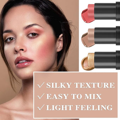 3P Cream Blush Stick with Brush,Waterproof Multi Cream Blush Stick Makeup,Lightweight,Long-lasting,Easy To Use,2 in 1 Multi Stick Blush for Cheeks & Lip Tint & Eyeshadow Makeup Q345