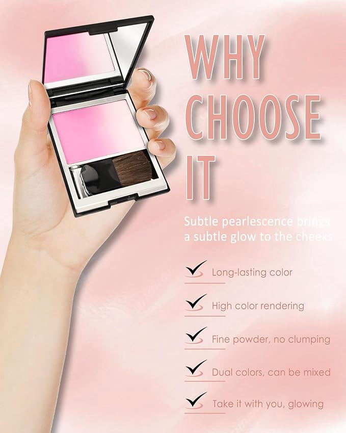 Shimmer Orange Blush for Cheek, Multiuse Baked Powder Blush Palette for Blusher&Highlighter&Eyeshadow, Lightweight Long-Lasting High Glossy Finish, Blendable Gradient Blusher, Makeup Gift for Women-06