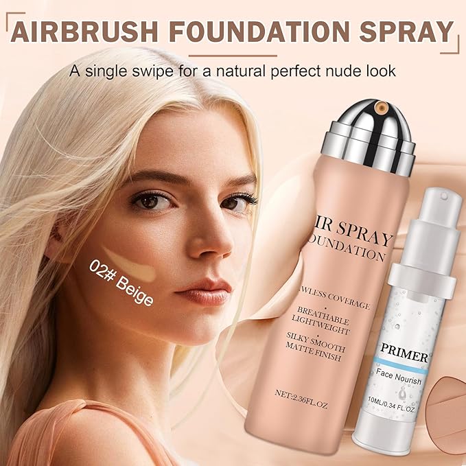 CAHIUYOA Magic Minerals Airbrush Foundation Spray Makeup Silky Full Coverage Airbrush Flawless Foundation for Mature Skin,Natural Matte Finish Moisturizing Makeup Primer - 02 Beige