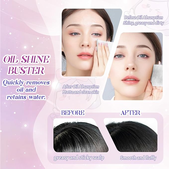 BOROLA 3-in-1 Cute Girl Bamboo Charcoal Oil Blotting Paper Set for Face 100 Sheets Oil Absorbing Sheet with Portable Mirror & Adhesive Makeup Puff, Blotting Paper for Oily Skin, Design for Men & Women