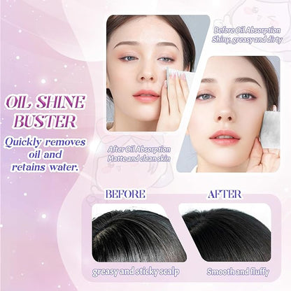 BOROLA 3-in-1 Cute Girl Bamboo Charcoal Oil Blotting Paper Set for Face 100 Sheets Oil Absorbing Sheet with Portable Mirror & Adhesive Makeup Puff, Blotting Paper for Oily Skin, Design for Men & Women