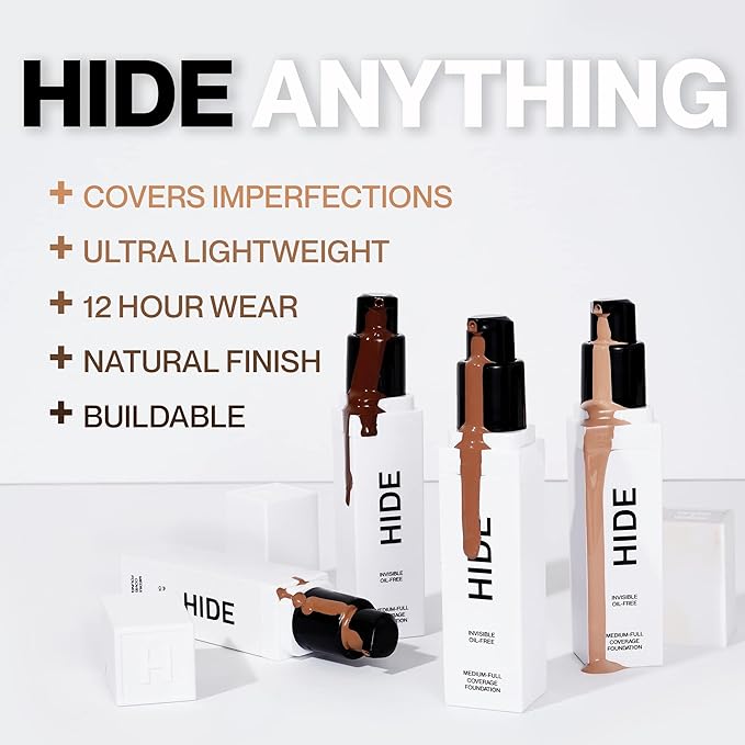 HIDE PREMIUM Liquid Foundation, Multi-Use Waterproof Foundation, Medium/Full Coverage Foundation, Shades for All Skin Types (See Shade Finder), Walnut, 1 fl oz