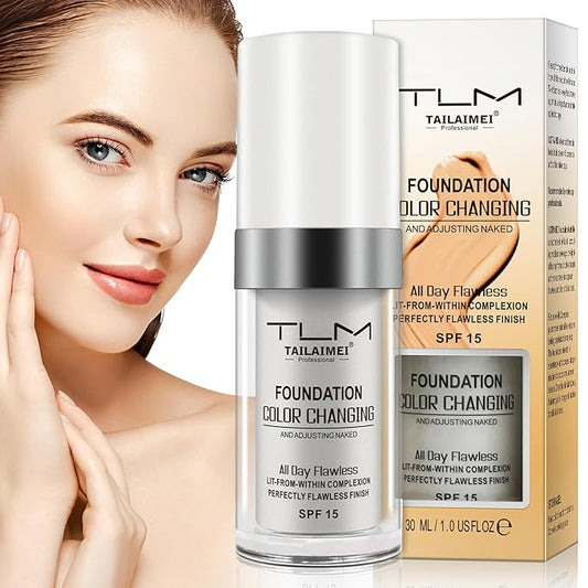 TLM Color Changing Liquid Foundation, Flawless Color Changing Warm Skin Tone Foundation for Mature Skin, BB Cream Makeup Base Concealer Cover Moisturizing Fluid for all Skin Tone SPF15 (30ML)