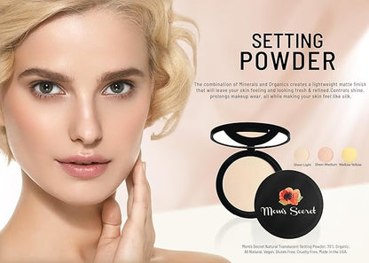Mom's Secret Natural Translucent Setting Powder, 70% Organic, Vegan, Gluten Free, Cruelty Free, Made in the USA, 0.42 oz. (Mellow Yellow)
