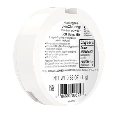 Neutrogena SkinClearing Mineral Acne-Concealing Pressed Powder Compact, Shine-Free & Oil-Absorbing Makeup with Salicylic Acid to Cover, Treat & Prevent Breakouts, Soft Beige 50,.38 oz