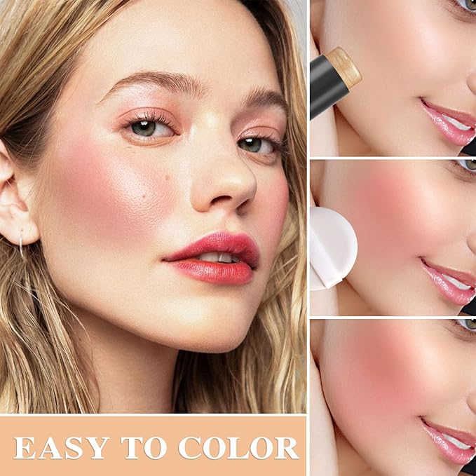 3P Cream Blush Stick with Brush,Waterproof Multi Cream Blush Stick Makeup,Lightweight,Long-lasting,Easy To Use,2 in 1 Multi Stick Blush for Cheeks & Lip Tint & Eyeshadow Makeup Q345