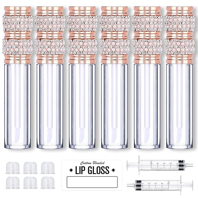 AMORIX 6pcs Lip Gloss Tubes with Wand 5ml Empty LipGloss Containers Pearl Diamond Lipgloss Bottles Crystal Lip Gloss Supplies Kit with 2pcs Syringe