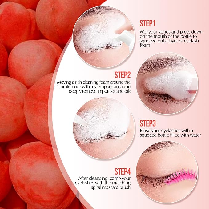 Lash Shampoo for Lash Extensions 60 Ml/2fl.oz Eyelash Extension Cleanser Oil Free Lash Cleanser for Eyelash Care, Gentle Foaming Eyelash Shampoo with Brush for Salon Home Care (Peach 60ml)