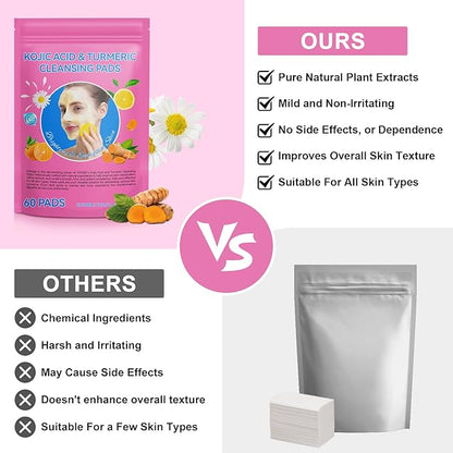 Turmeric Cleansing Pads Kojic Acid Turmeric Cleansing Pads, Face Turmeric & Kojic Acid Pads for Dark Spots, Glow Up Acne Scars, Unclog Pores, Enriched Vitamin C,Gentle & Non-Irritating