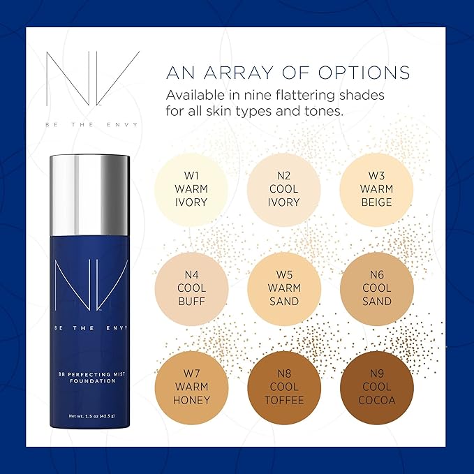 NV BB Perfecting Mist Foundation Buildable Coverage Professional Airbrush Makeup with Plant-based Stem Cell Polypeptides, Vitamins A, D, E and Aloe, 1.5 ounces, Cool Cocoa