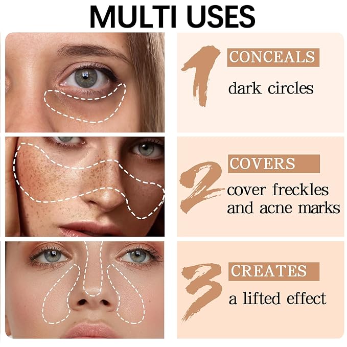 3pcs Concealer Stick Set,Full Coverage,Lightweight Liquid Concealer,Waterproof Under Eye Conceal Stick for Dark Circles,Blemishes,Aging Spots,Acne,Freckles