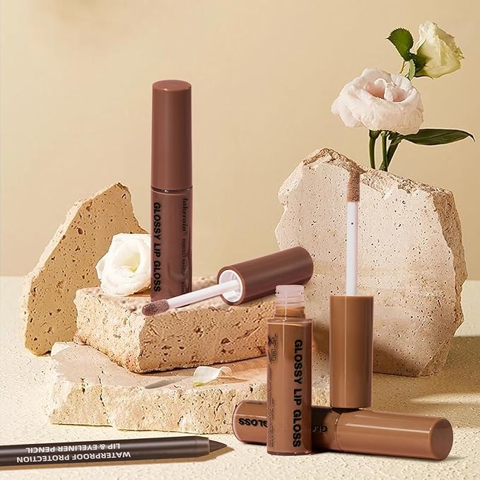 2 Colors Nourishing Lip Gloss Hydration Non-Sticky Plumping Lip Kit for Women, Natural Nude Tinted Lip Glow Oil Moisturizing Lightweight Long Wear Shiny Liquid Lipstick with Lip Liner Combo