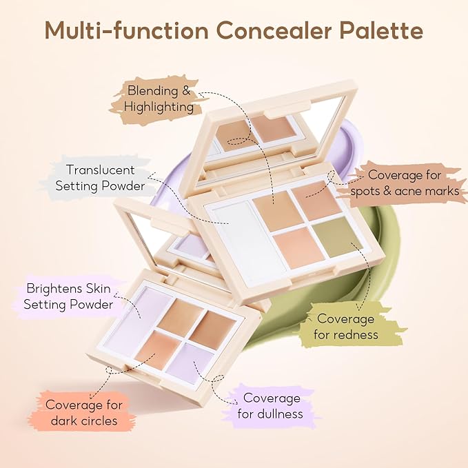 Color Corrector Palette for Dark Circles, Redness & Blemishes, Creamy Concealer + Setting Powder with Hydrating Ingredients, 12H Crease-Proof Wear, 02# Bright Tone