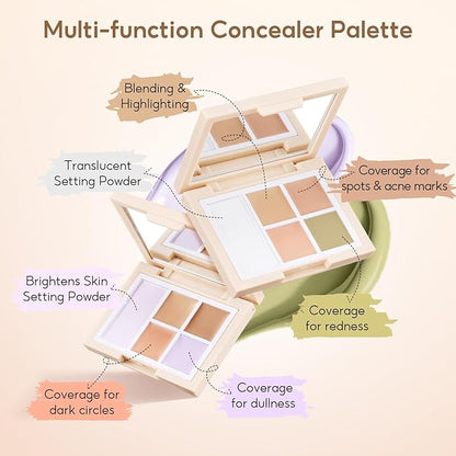 Color Corrector Palette for Dark Circles, Redness & Blemishes, Creamy Concealer + Setting Powder with Hydrating Ingredients, 12H Crease-Proof Wear, 02# Bright Tone